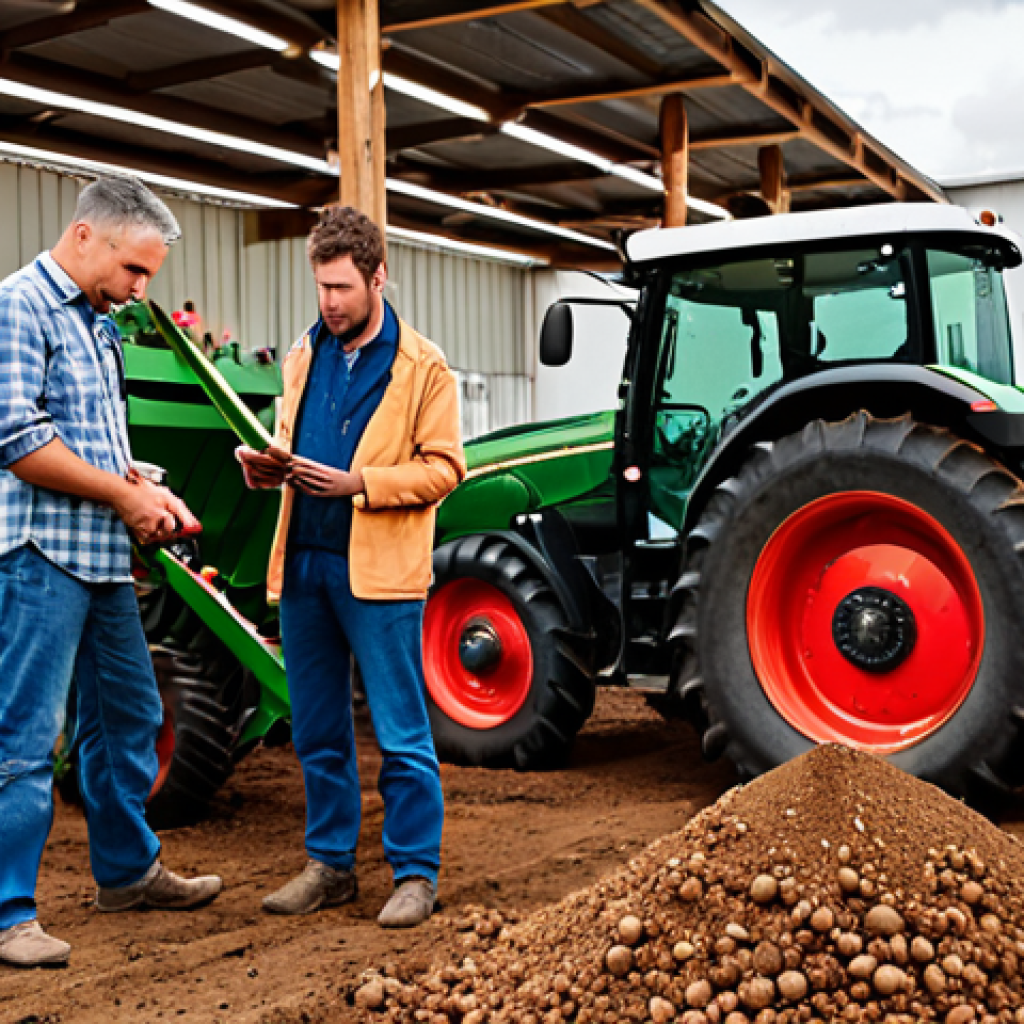 **Image:** A group of farmers collaborating at a local agricultural cooperative, examining soil samples and discussing sustainable farming techniques, with modern farming equipment in the background.