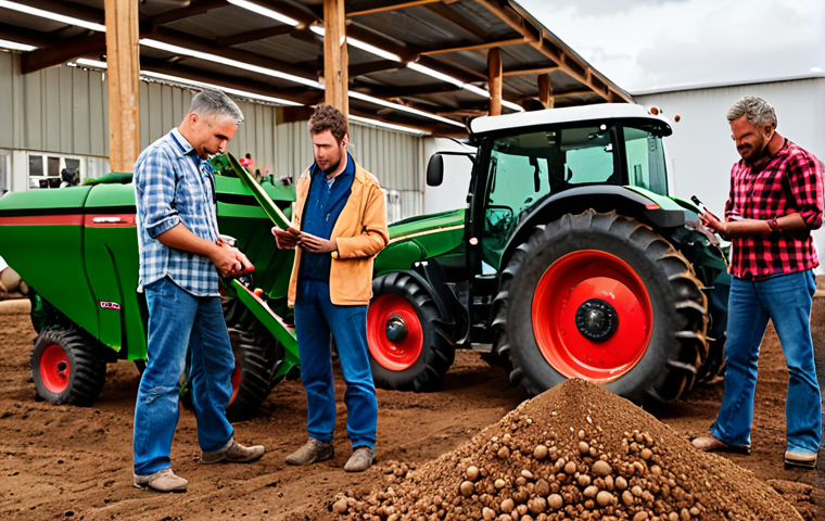 **Image:** A group of farmers collaborating at a local agricultural cooperative, examining soil samples and discussing sustainable farming techniques, with modern farming equipment in the background.