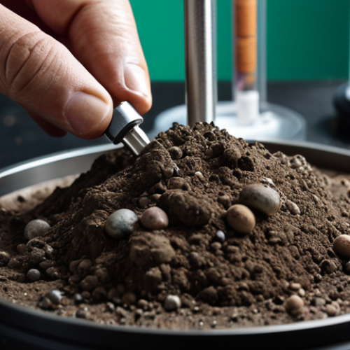 Home 6 **Soil Analysis:** A close-up view of hands holding soil, showcasing different soil textures and colors, with laboratory equipment in the background (beakers, microscopes).