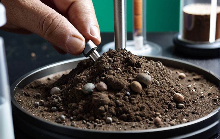 **Soil Analysis:** A close-up view of hands holding soil, showcasing different soil textures and colors, with laboratory equipment in the background (beakers, microscopes).